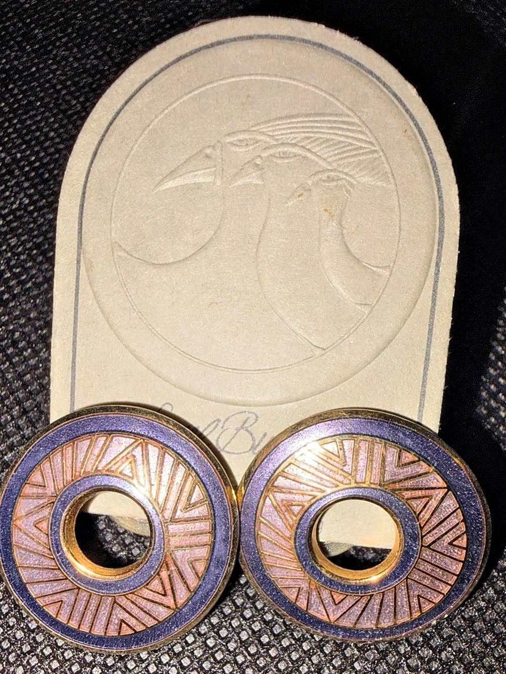 Laurel Burch Kisumi Enamel Post Earrings Geometric Purple & Gold Earrings